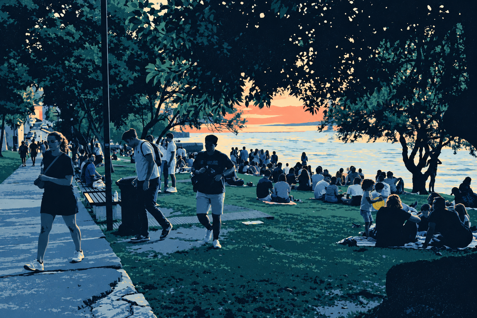 Posterized waterfront gathering beneath dark teal trees, with people on a lawn and path beside pale blue water and a coral sunset.