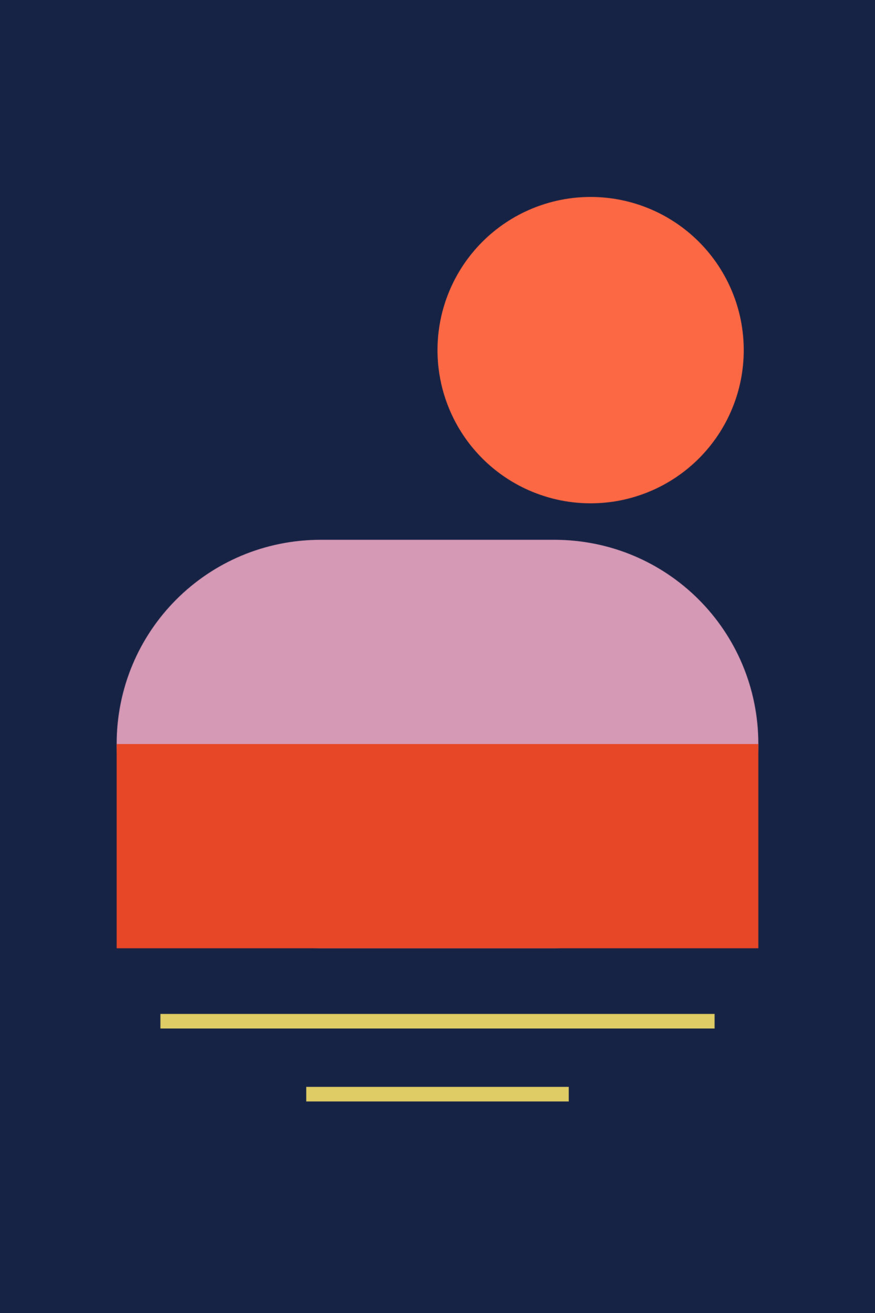 Coral circle above a pink and red rounded form, with two yellow horizontal lines on a navy background.