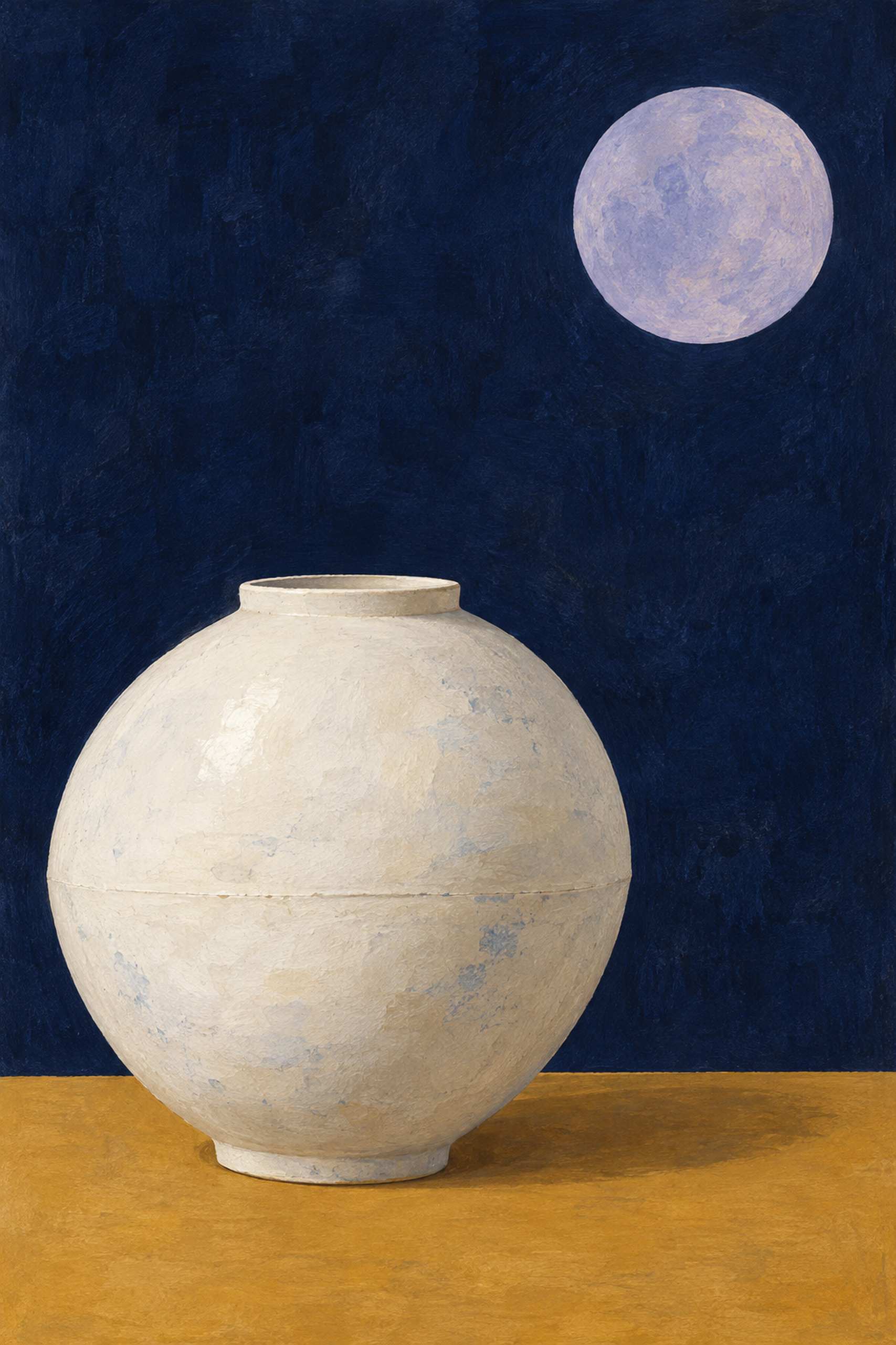 Rounded white moon jar on an ochre surface beneath a pale lavender circle against a textured indigo background.