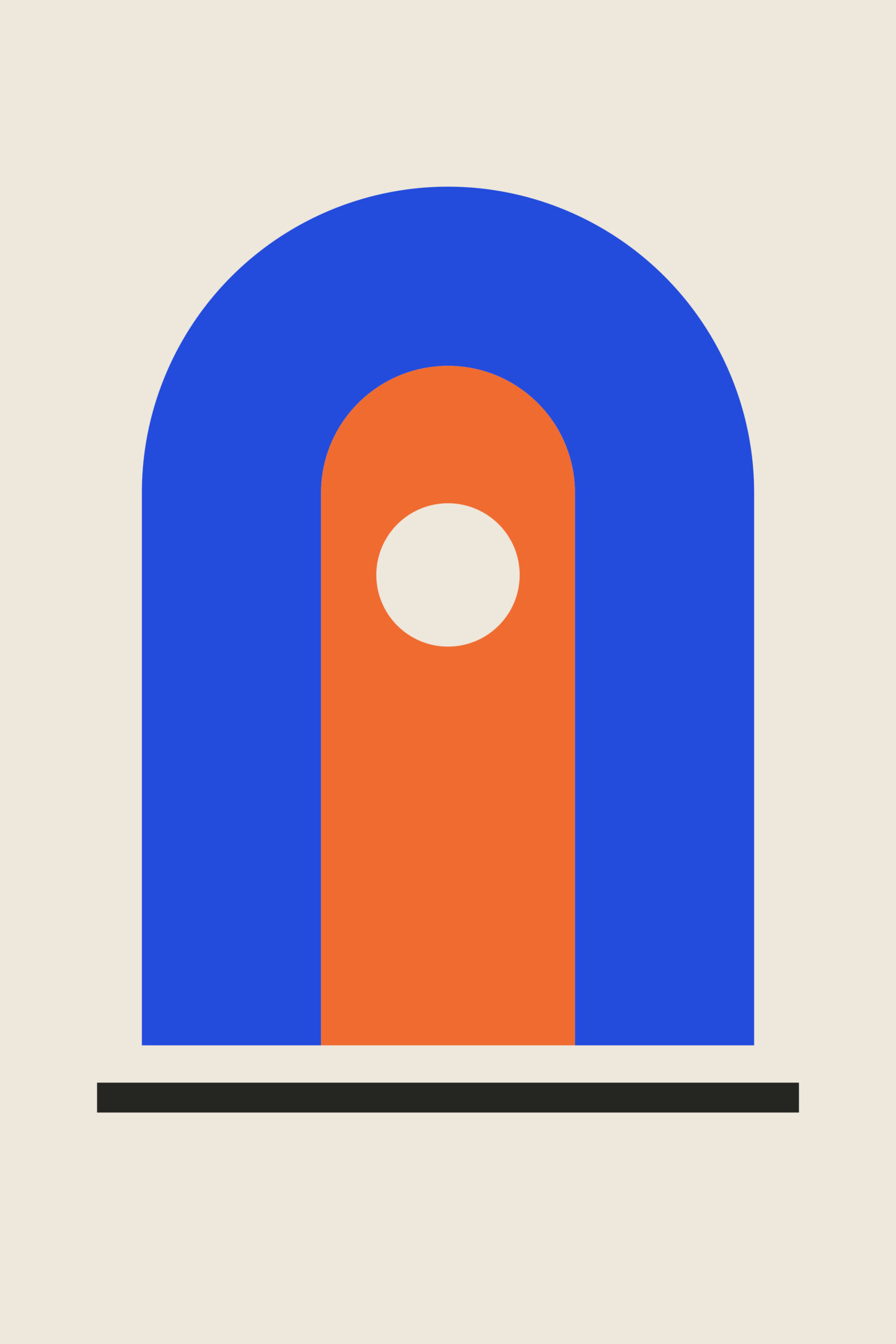 Broad cobalt arch around an orange column and cream circular opening, above a separate black baseline on cream.