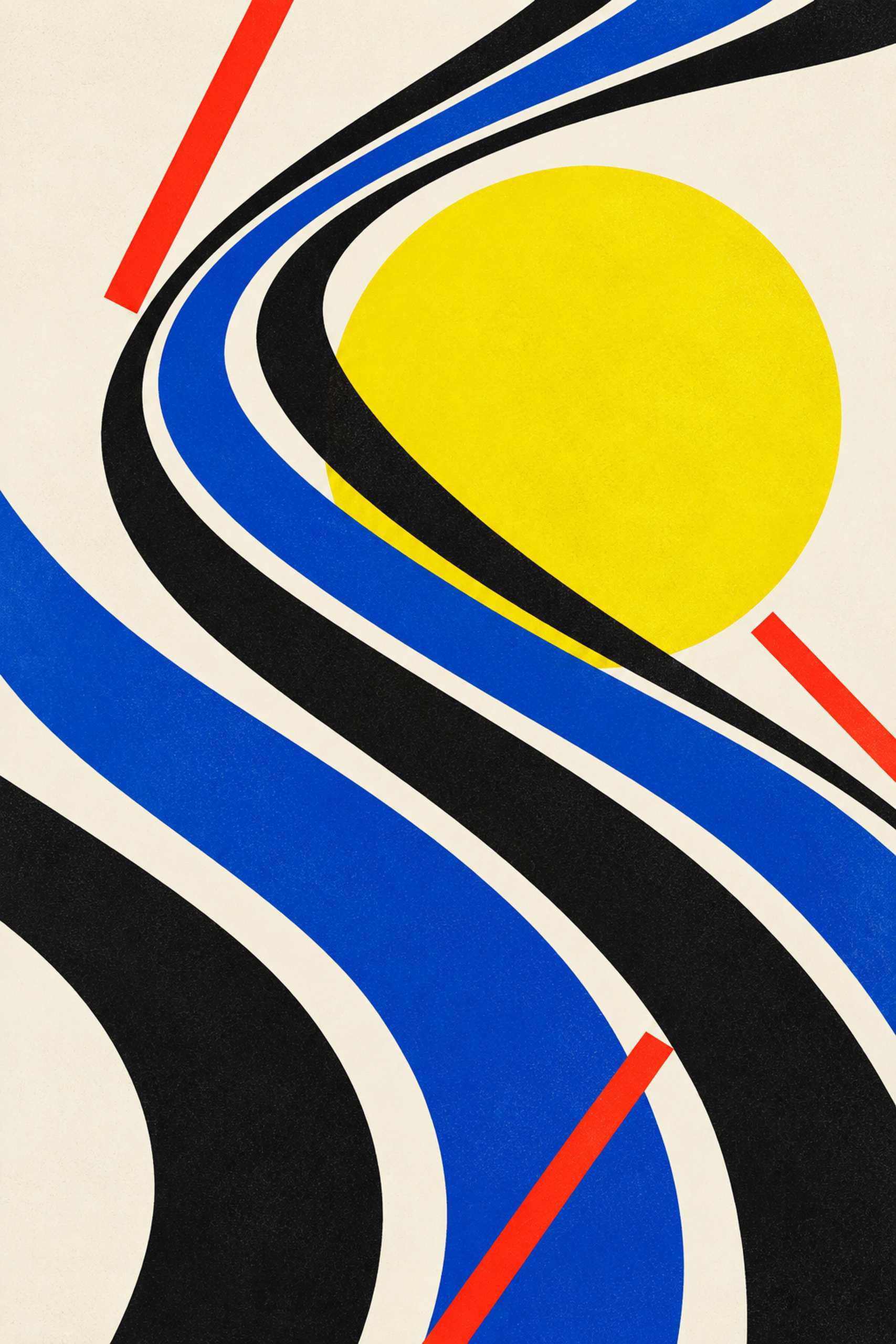 Sweeping cobalt and black curved bands around a yellow disk, with red diagonal strokes on an ivory ground.