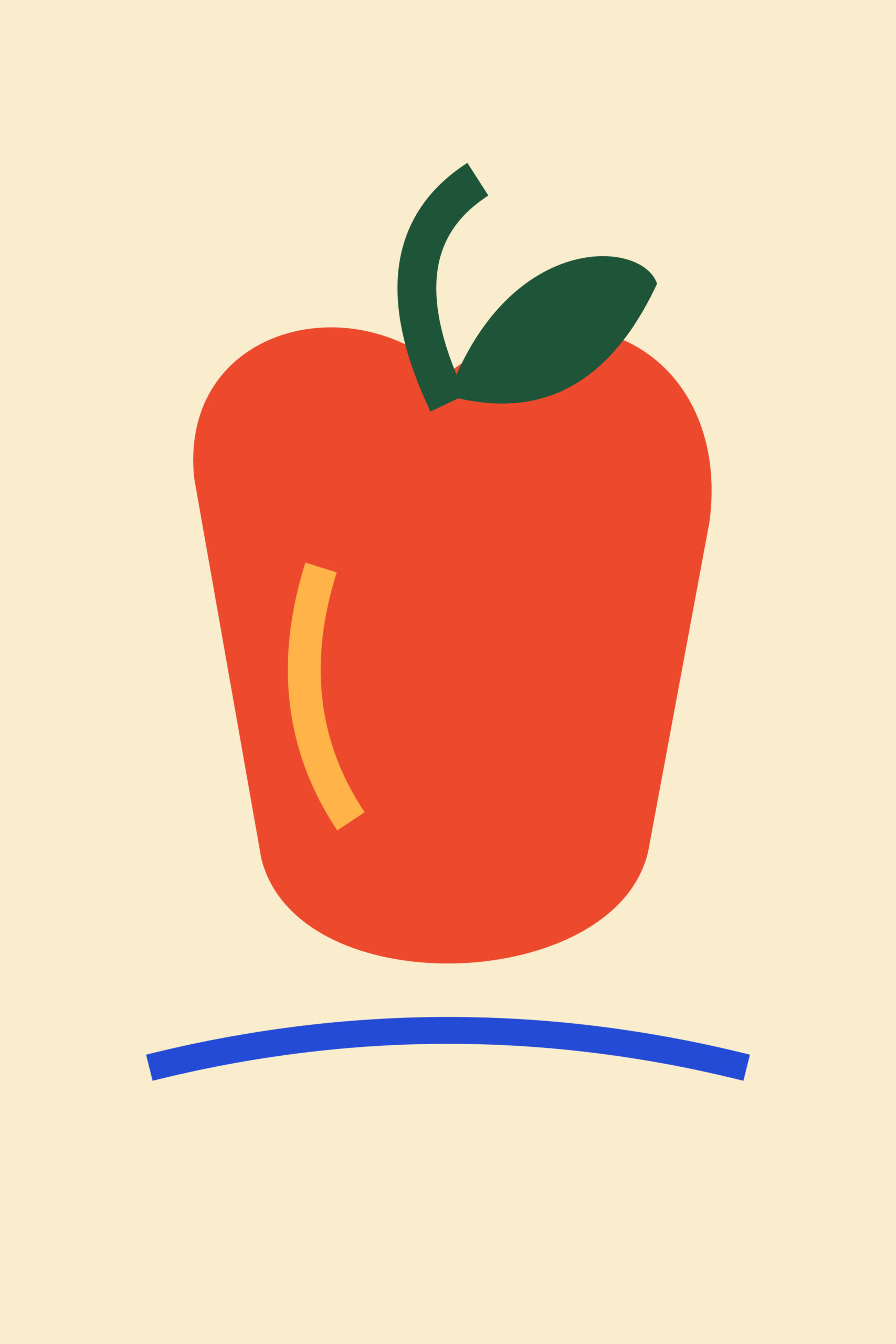 Oversized red pepper with a green stem and leaf, yellow curved highlight and blue baseline on cream.