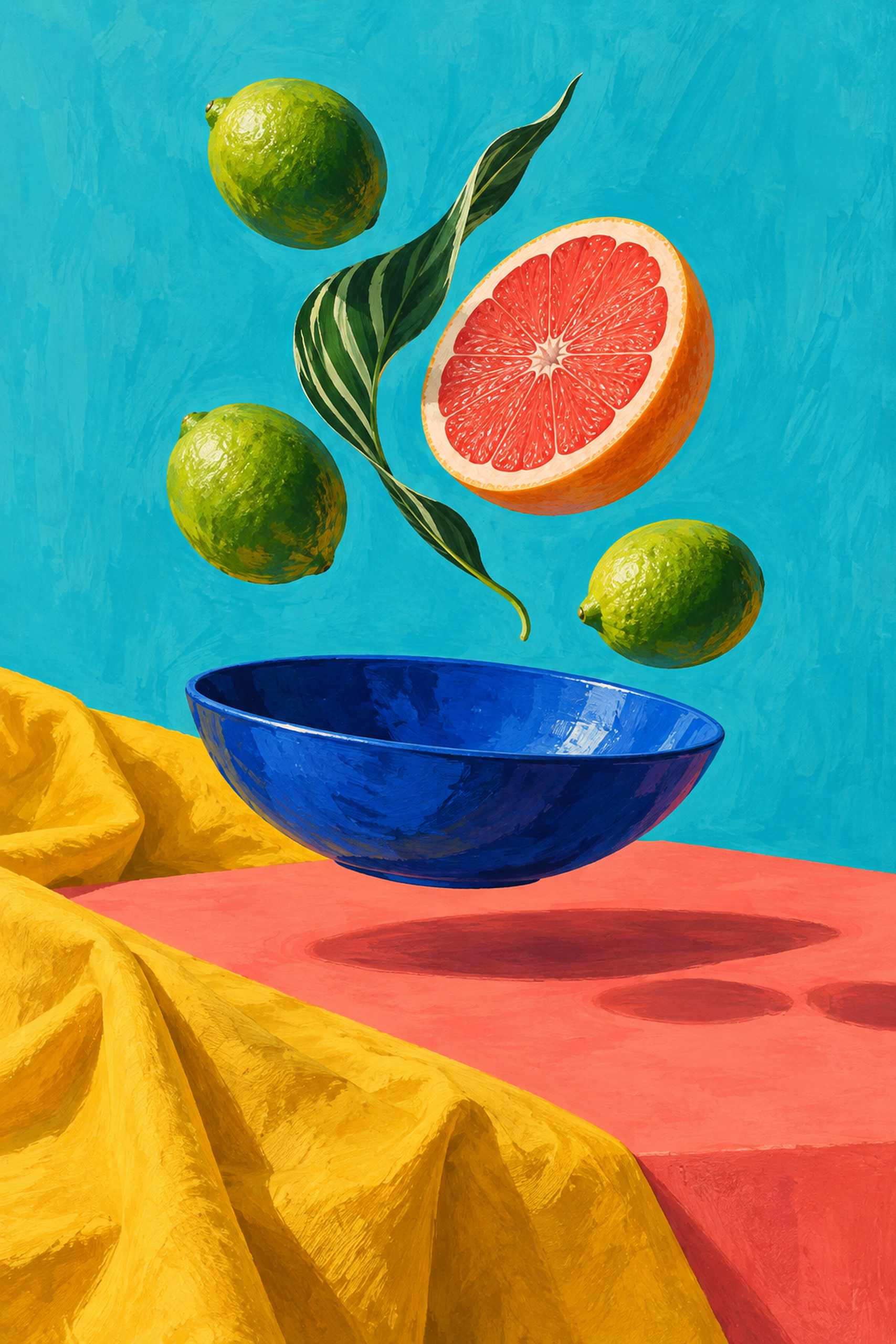 Limes and halved grapefruit levitating above a floating blue bowl, with yellow cloth, coral table and turquoise background.