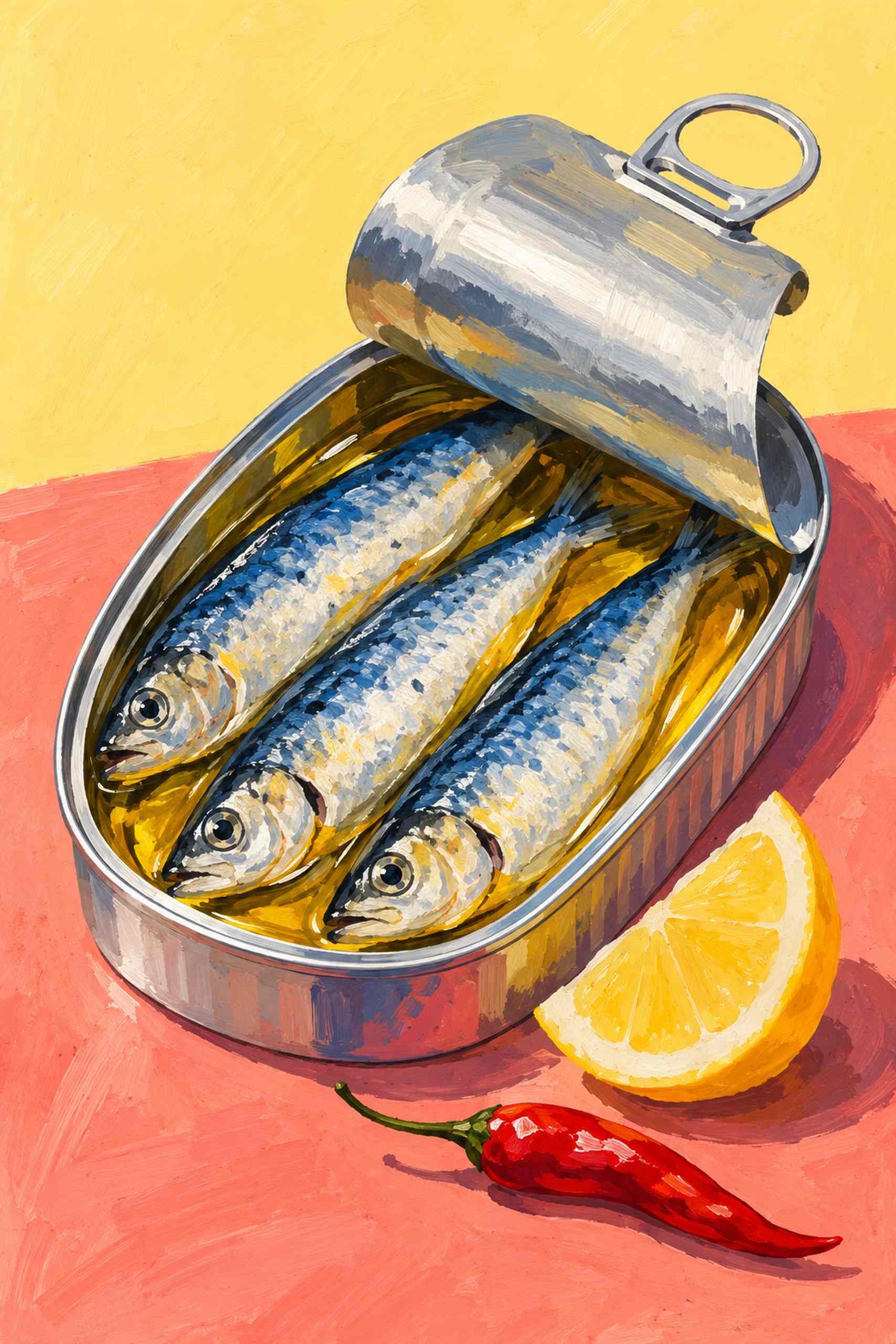 Open silver sardine tin with three fish, a lemon wedge and red chili on coral and pale yellow painted surfaces.