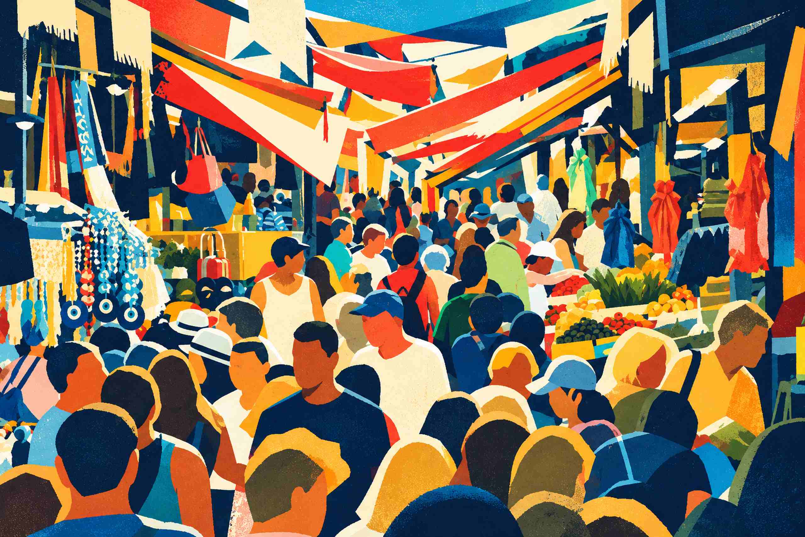 Crowded market reduced to navy silhouettes beneath angular red, ivory and yellow awnings, with turquoise accents and produce stalls.