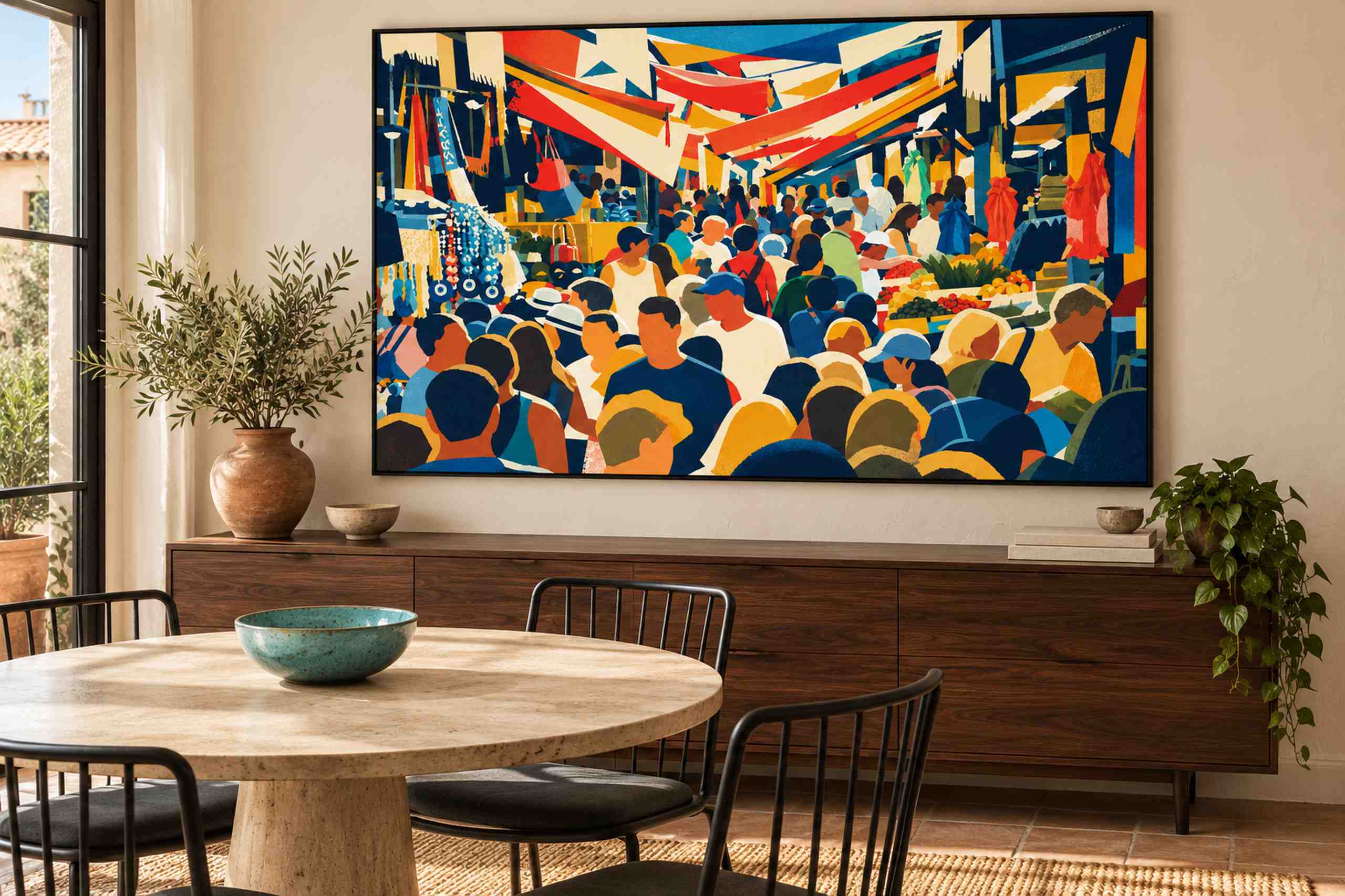 Wide framed market poster above a walnut sideboard in an ivory dining room with black metal chairs and a turquoise bowl.