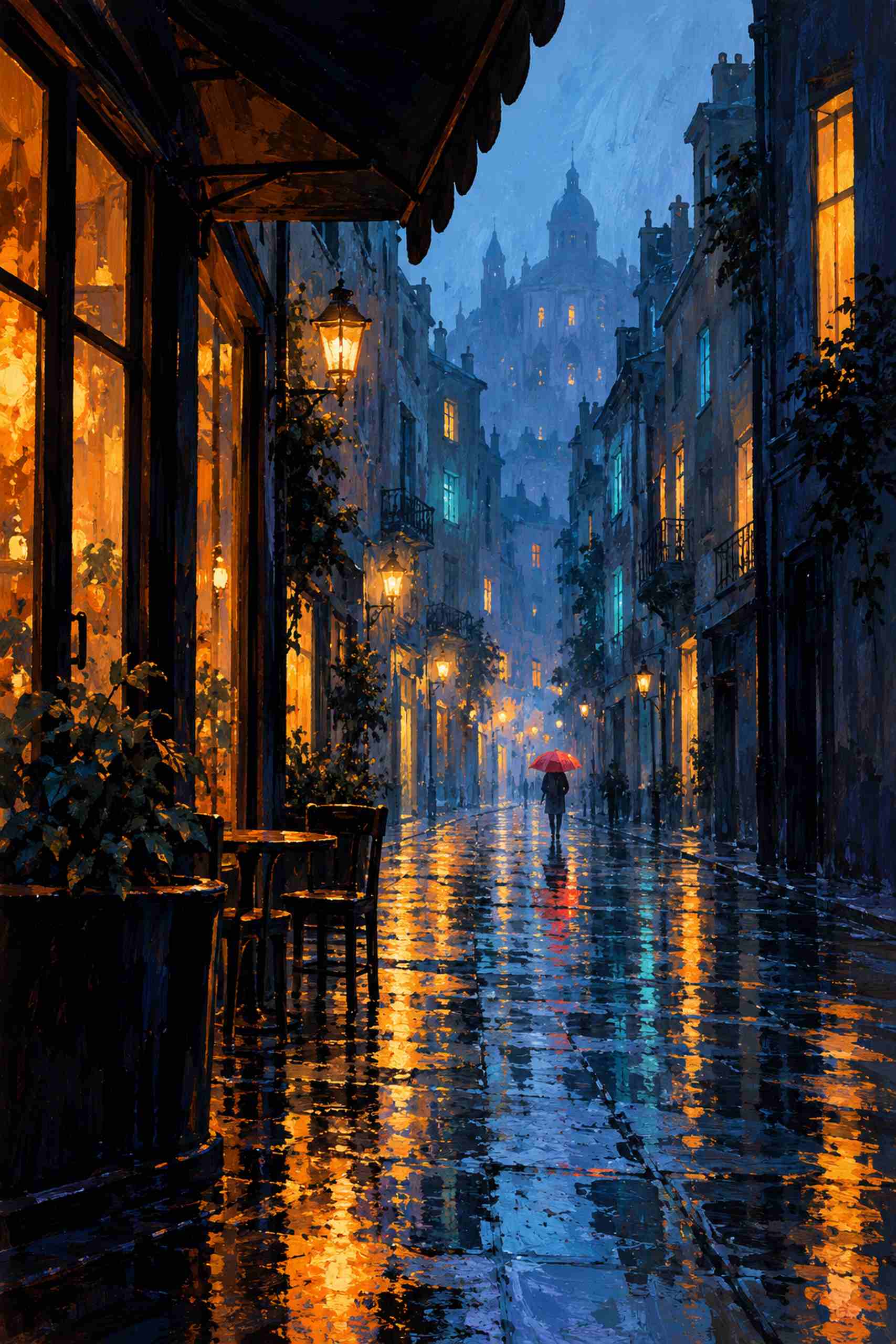 Painted rainy city street at blue hour with amber windows, wet reflections and a distant person holding a coral umbrella.