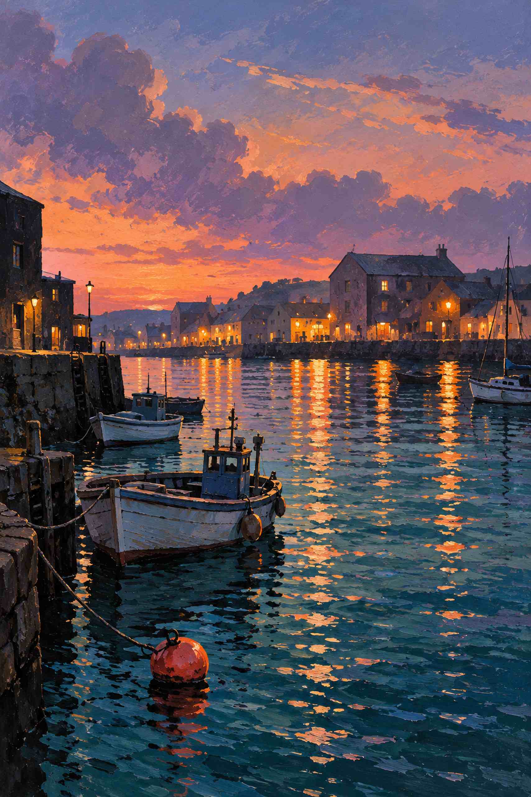 Painted invented harbor at dusk with small boats, amber waterfront windows, teal water, lavender clouds and a coral buoy.