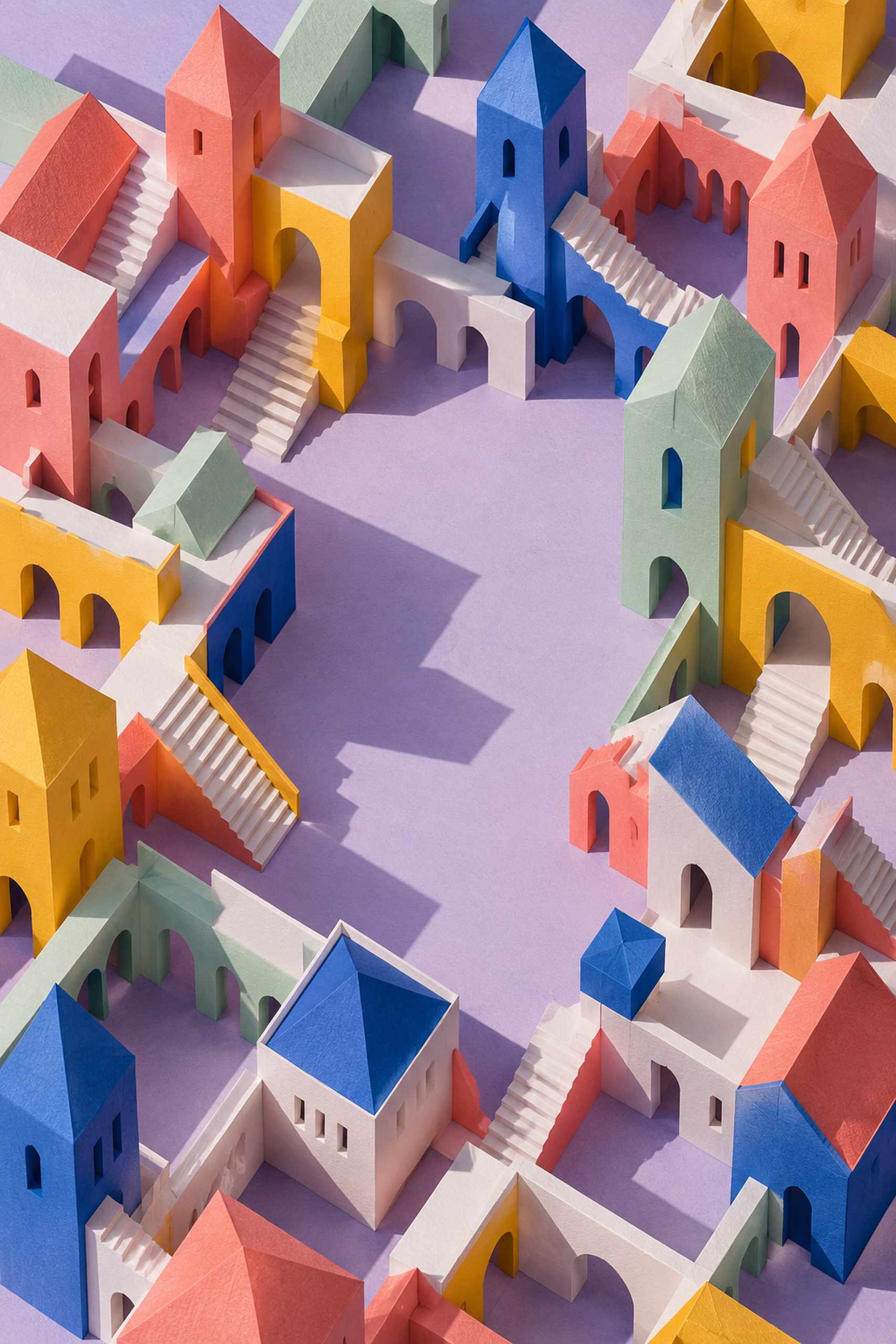 Invented folded-paper city in coral, mint, cobalt, yellow and white, with stairways, arches and a lavender courtyard.