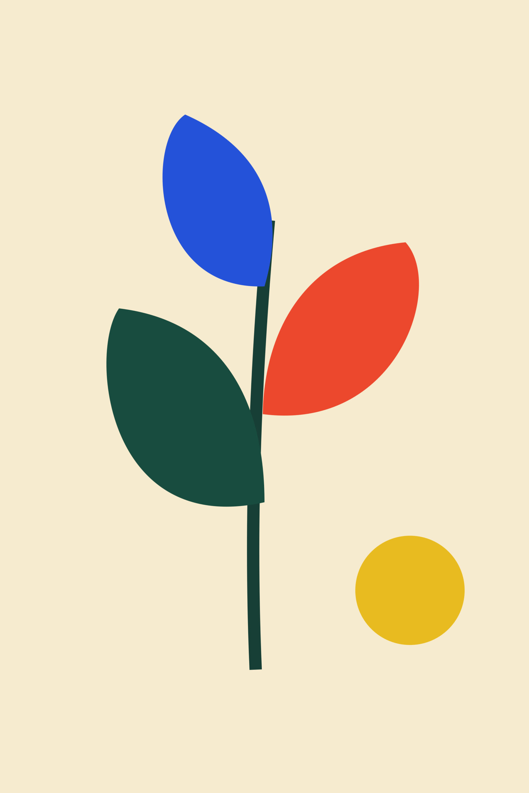 Three blue, red and dark green leaf silhouettes on a narrow green stem, with a separate yellow circle on cream.