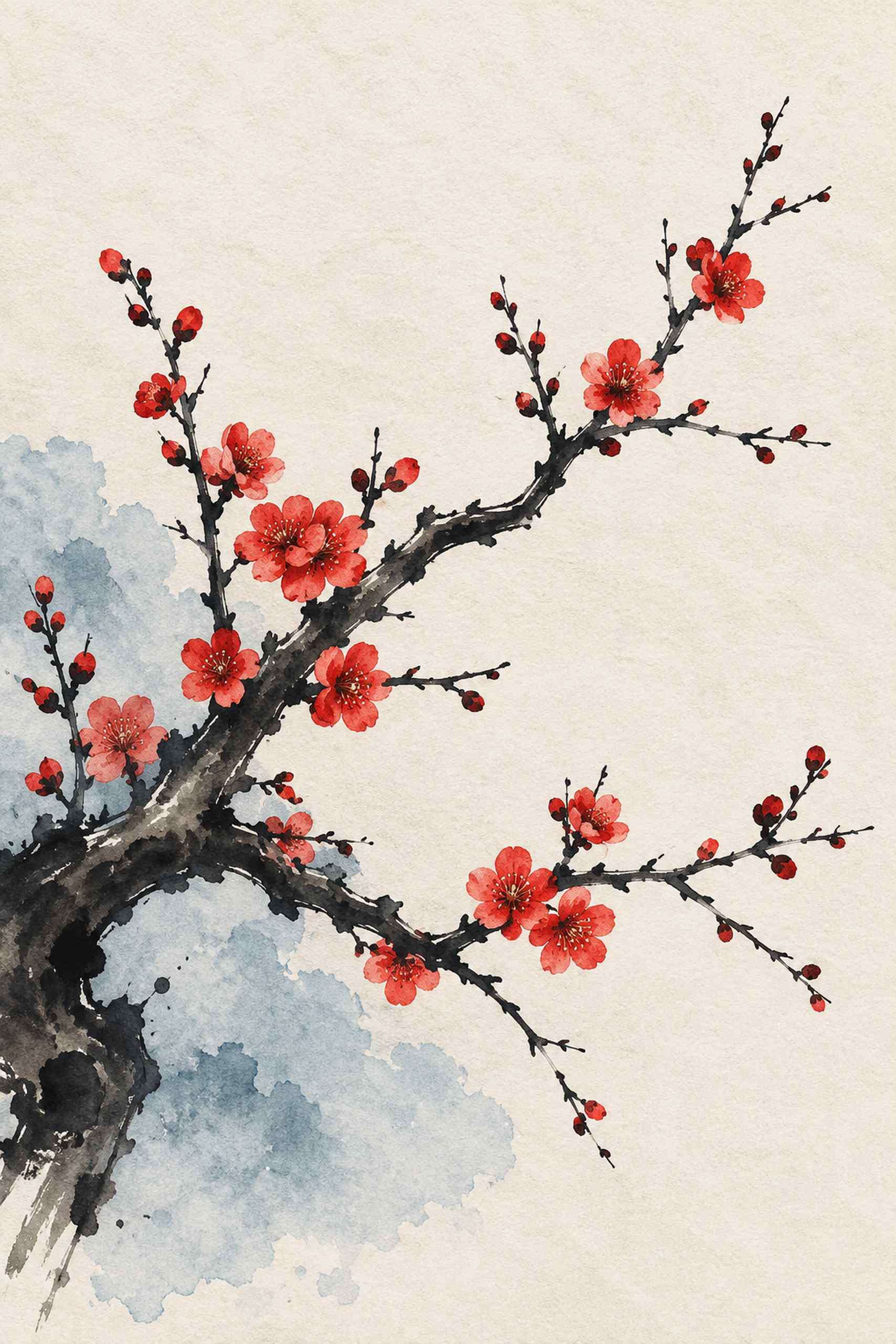 Dark angular plum branches with coral red flowers and pale blue wash on textured cream paper.