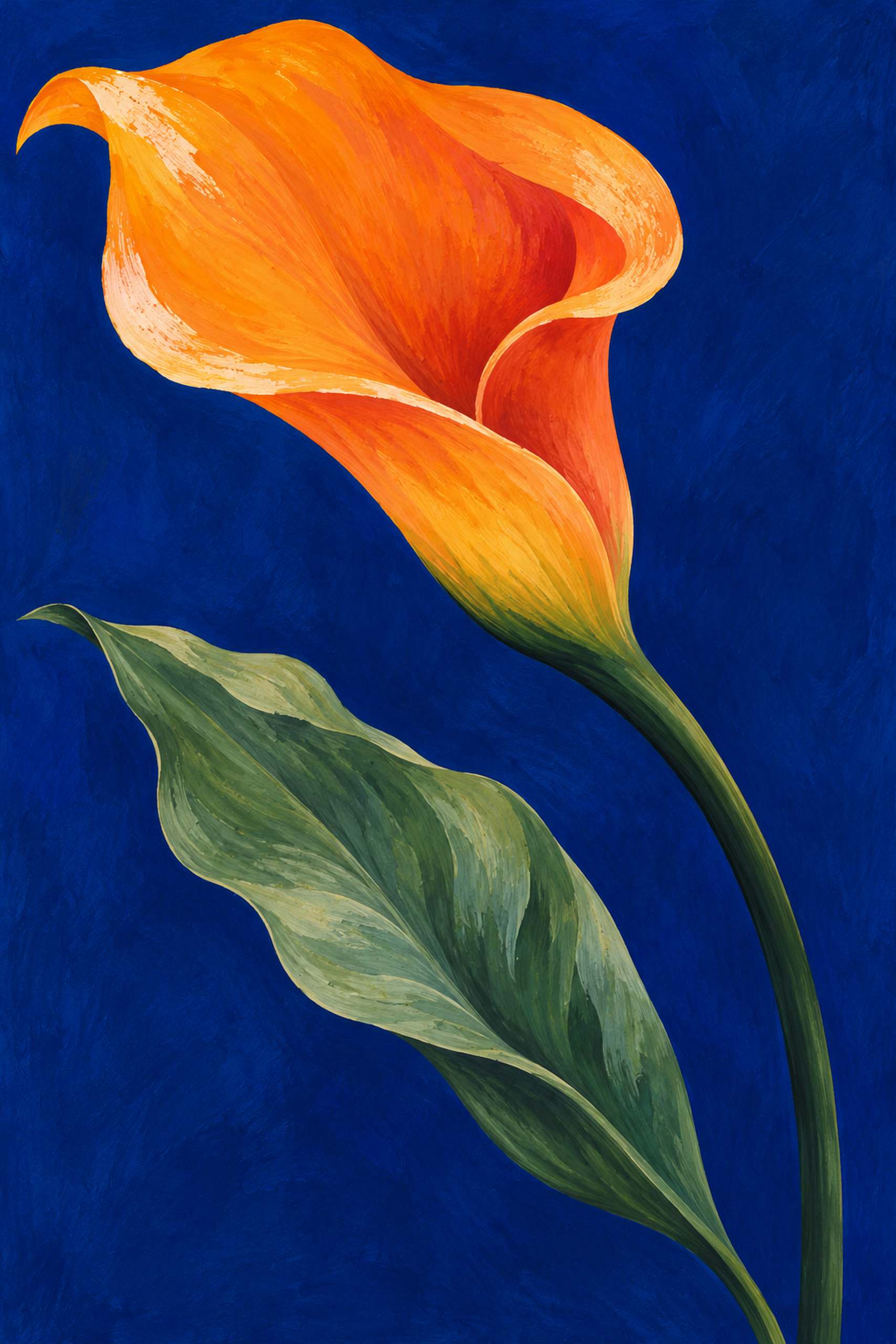 Oversized orange lily-like flower with a curved green stem and broad leaf on a saturated blue field.