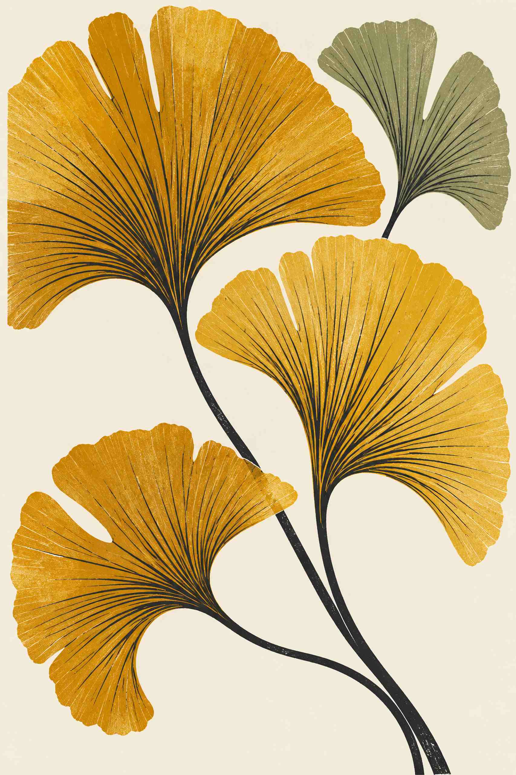 Golden fan-shaped ginkgo-like leaves with dark radiating lines and an olive leaf on a warm ivory field.