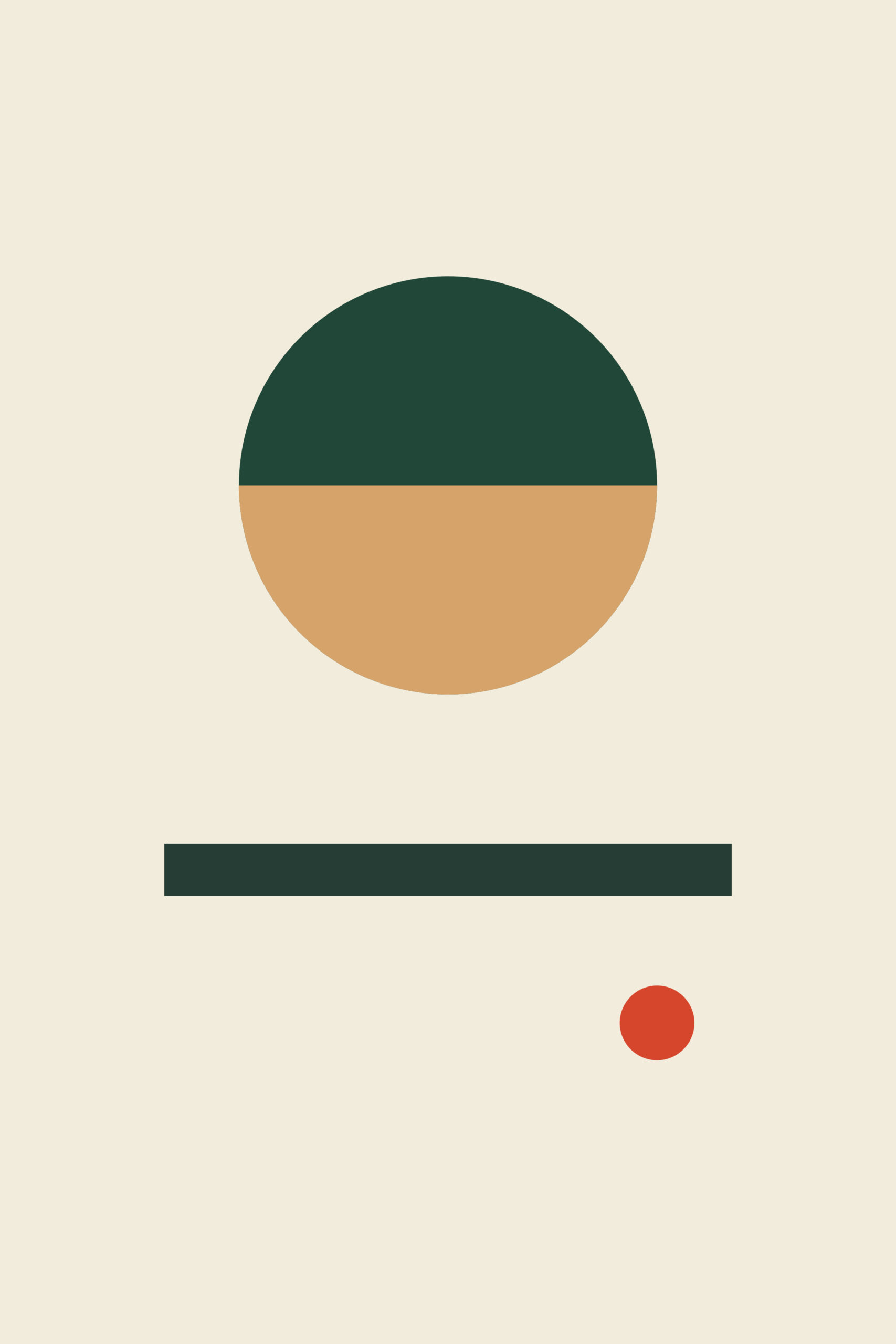 Circle split into green and ochre halves, with a dark green bar and small red dot on cream.