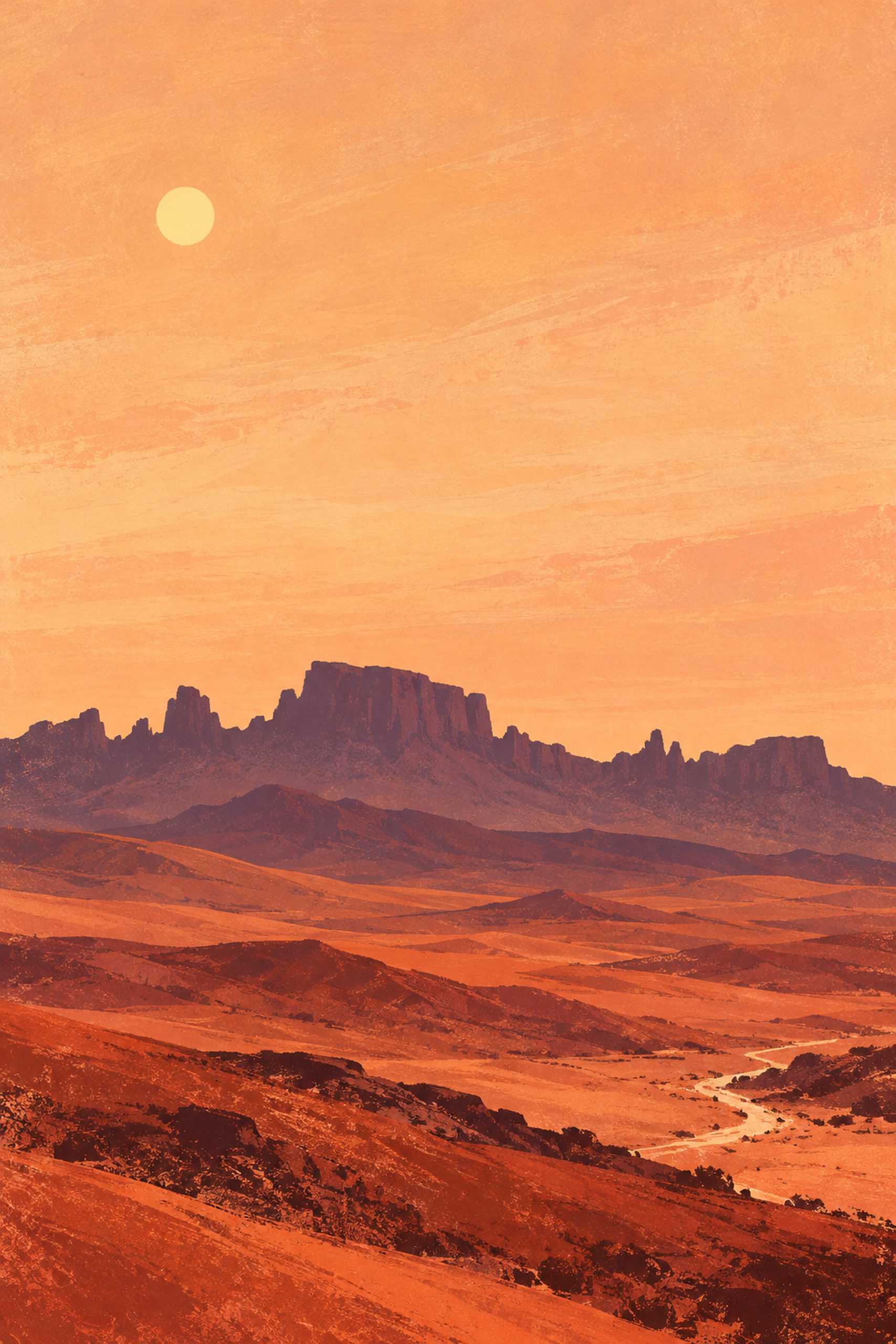 Layered burnt orange desert hills and a distant purple mesa beneath a broad apricot sky and small pale sun.