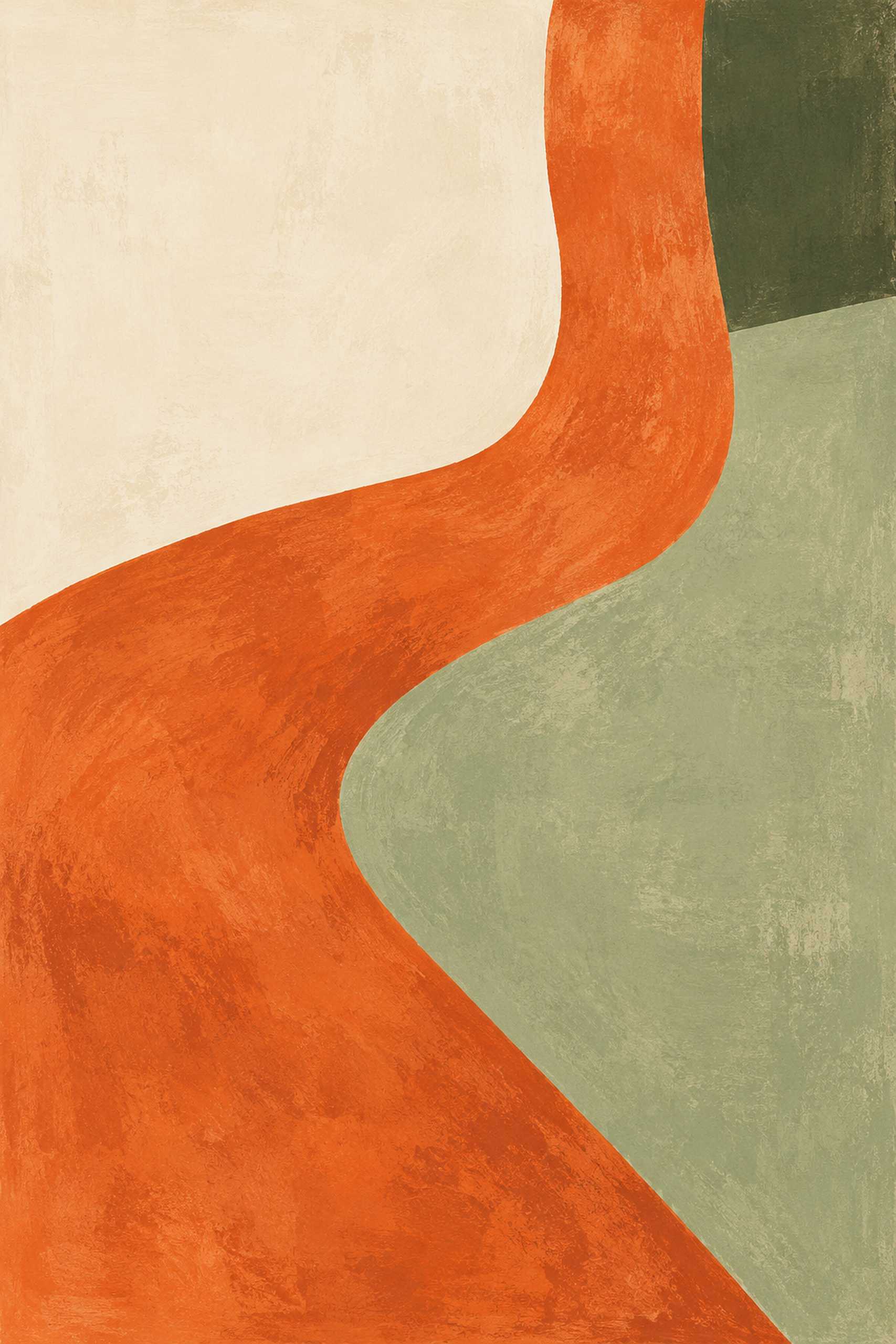 Broad terracotta curve across ivory and pale sage fields with a dark olive corner and matte painted texture.