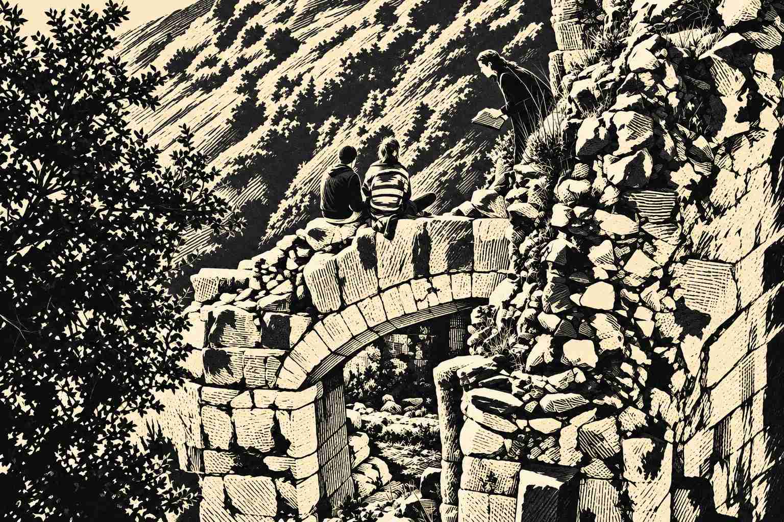 Black and ivory interpretation with dark foliage, light stone blocks and diagonal carved-looking marks across the hillside.