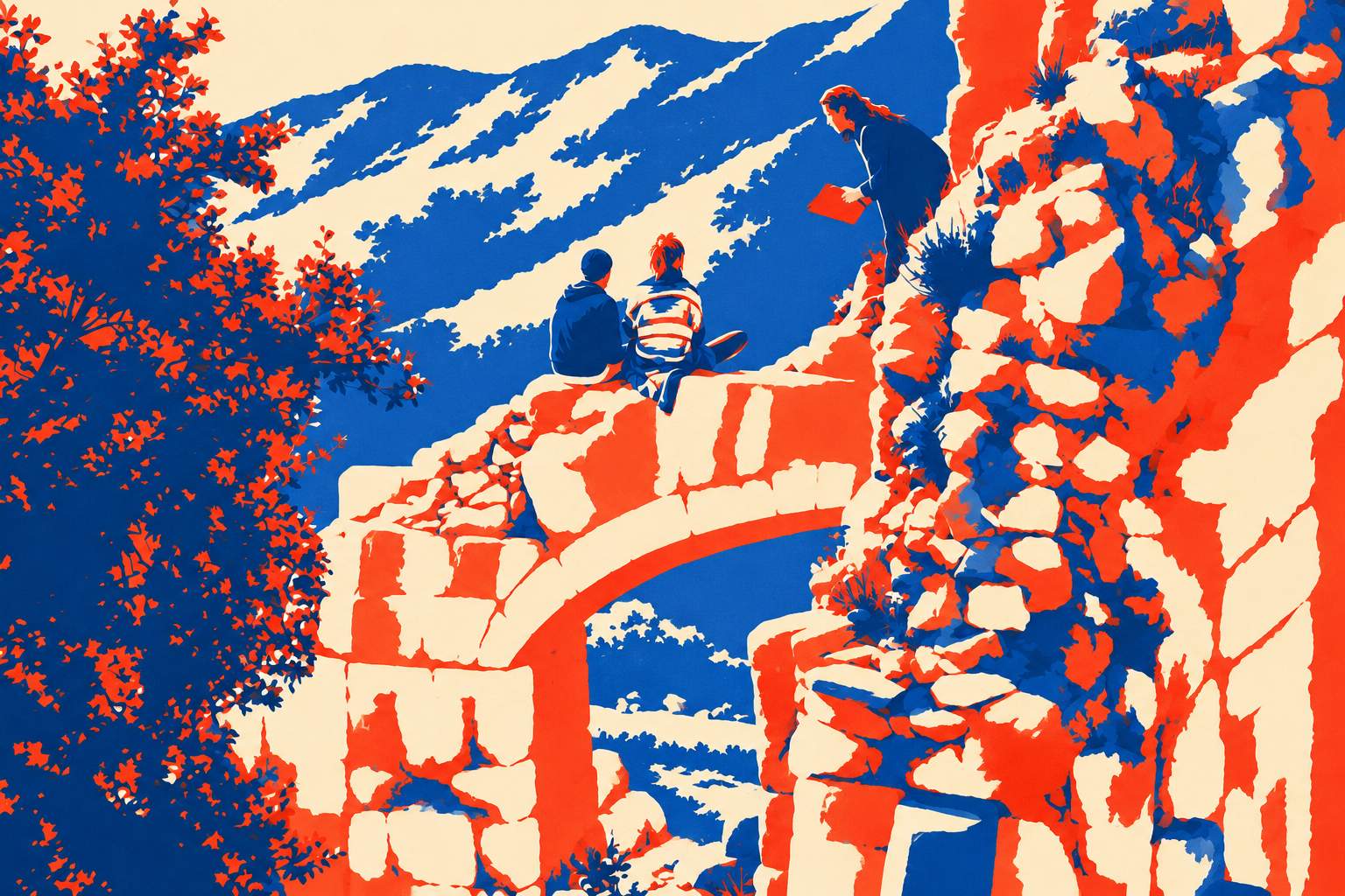 Cobalt, vermilion and ivory interpretation of the same arch, hillside, foliage and three visitors.