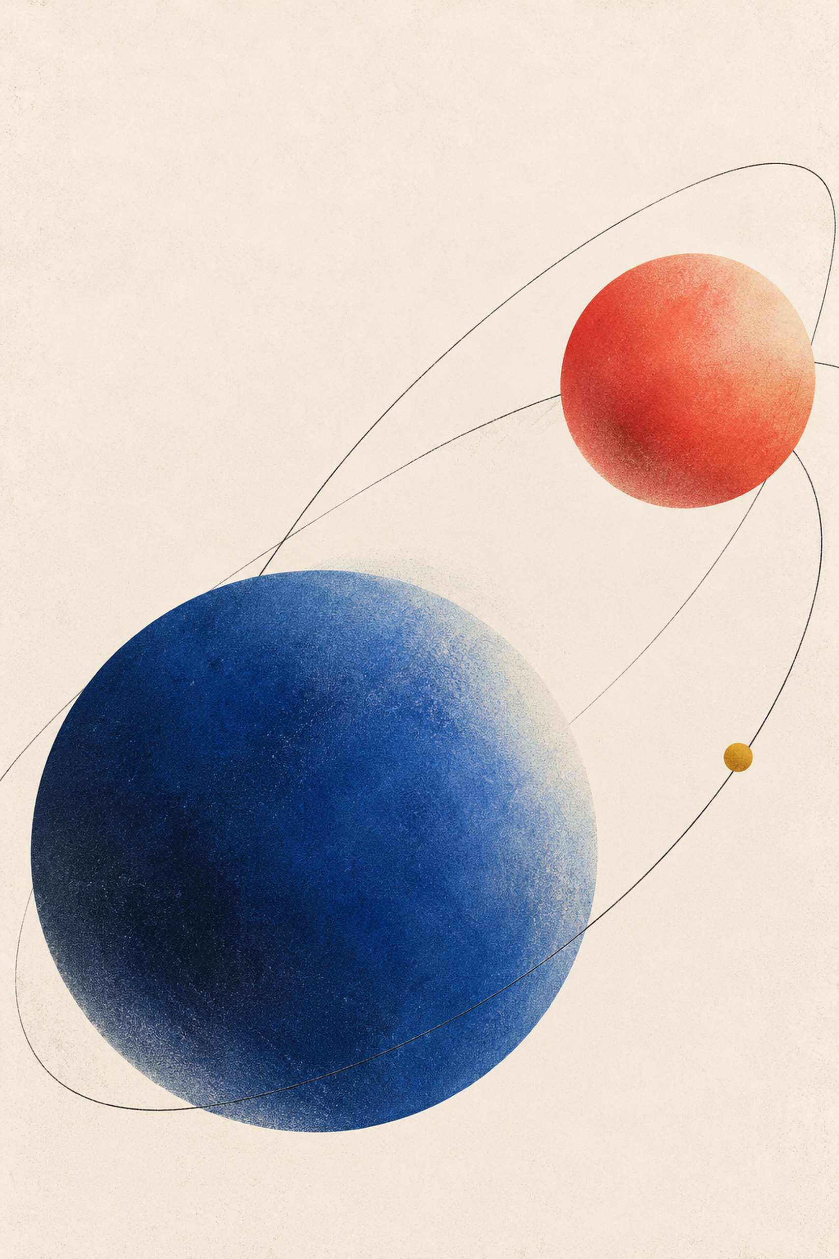 Blue and coral disks linked by thin curved lines and a small yellow point across a spacious ivory field.