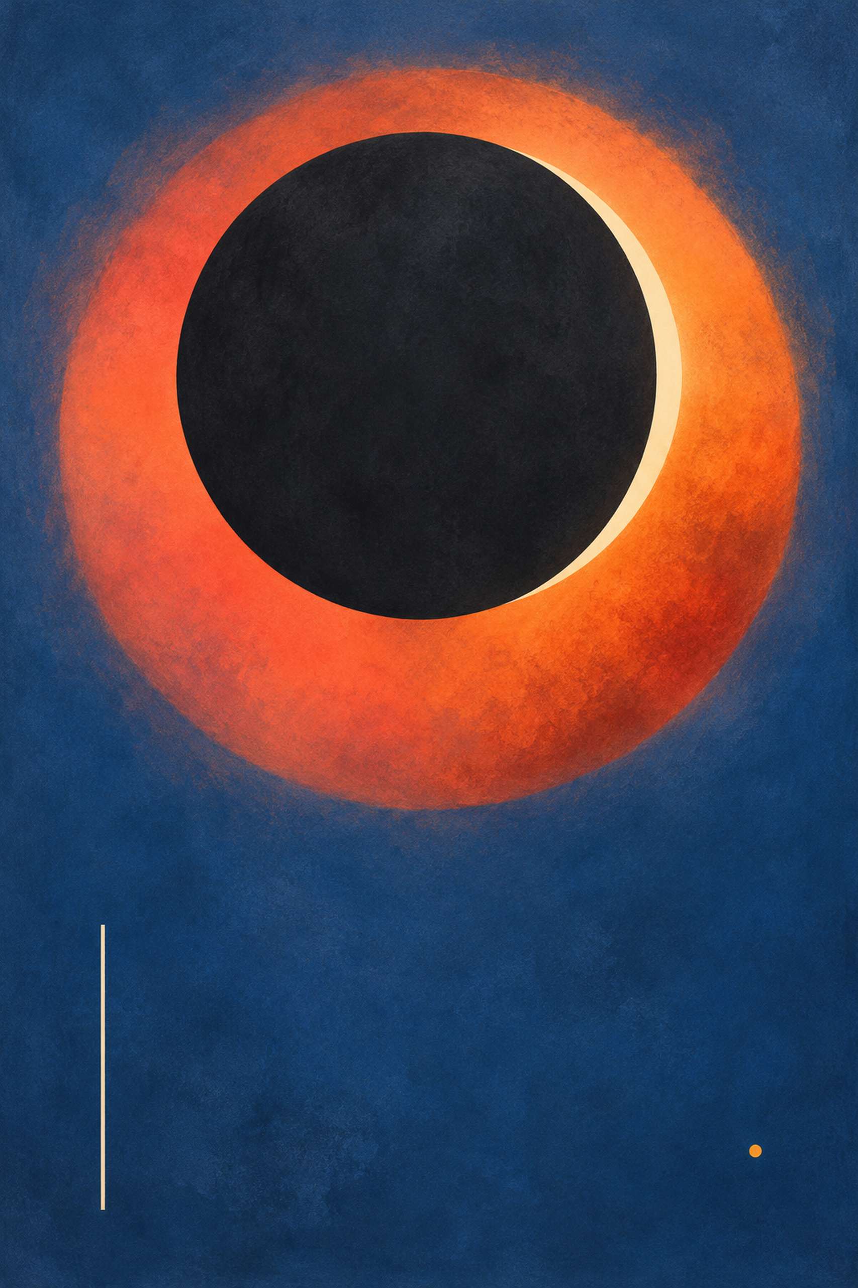 Dark disk overlapping a glowing coral halo and cream crescent against cobalt, with a thin ivory line and mustard dot.