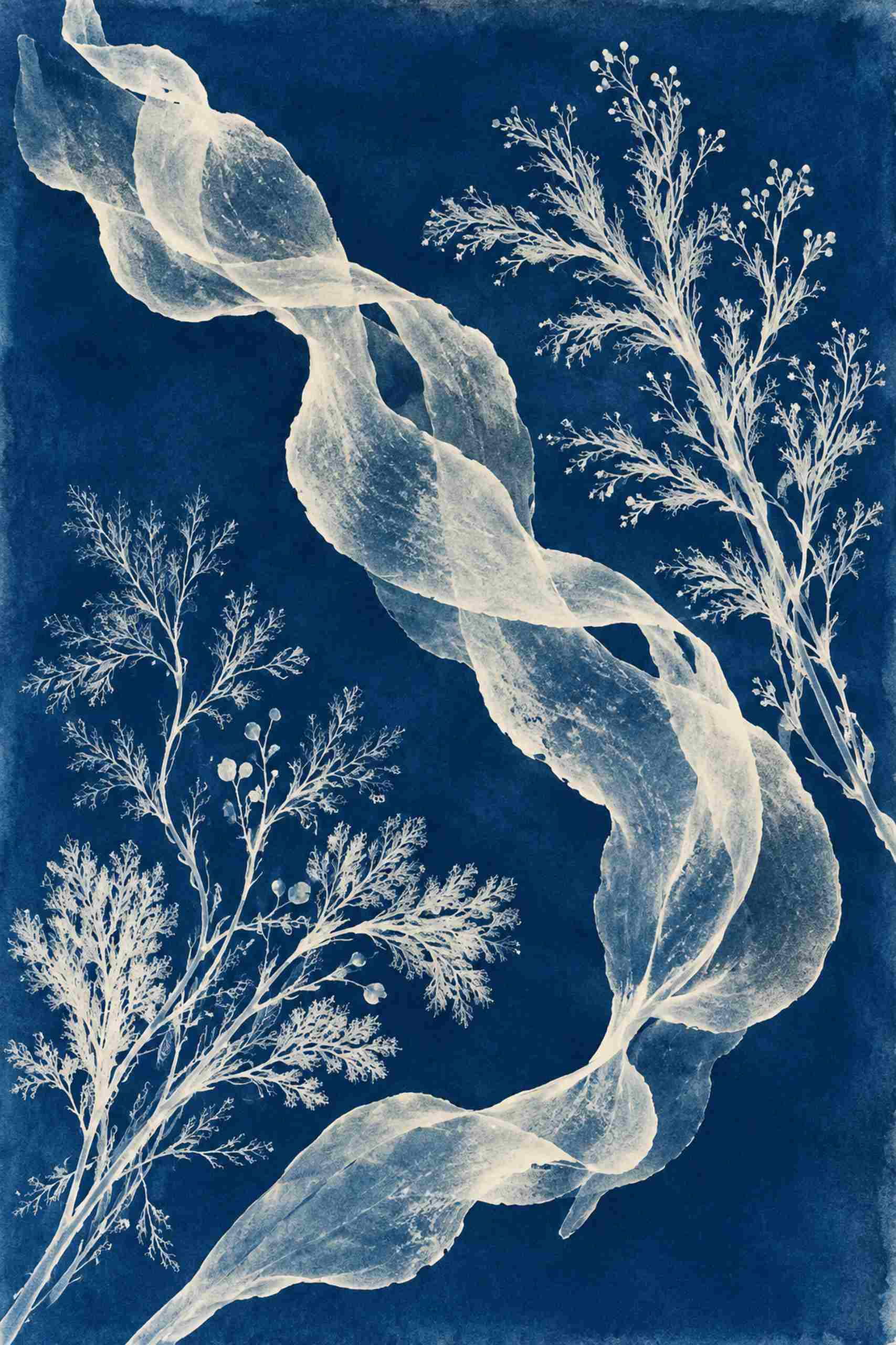Pale branching seaweed silhouettes and translucent ribbon-like kelp on a textured deep blue ground.