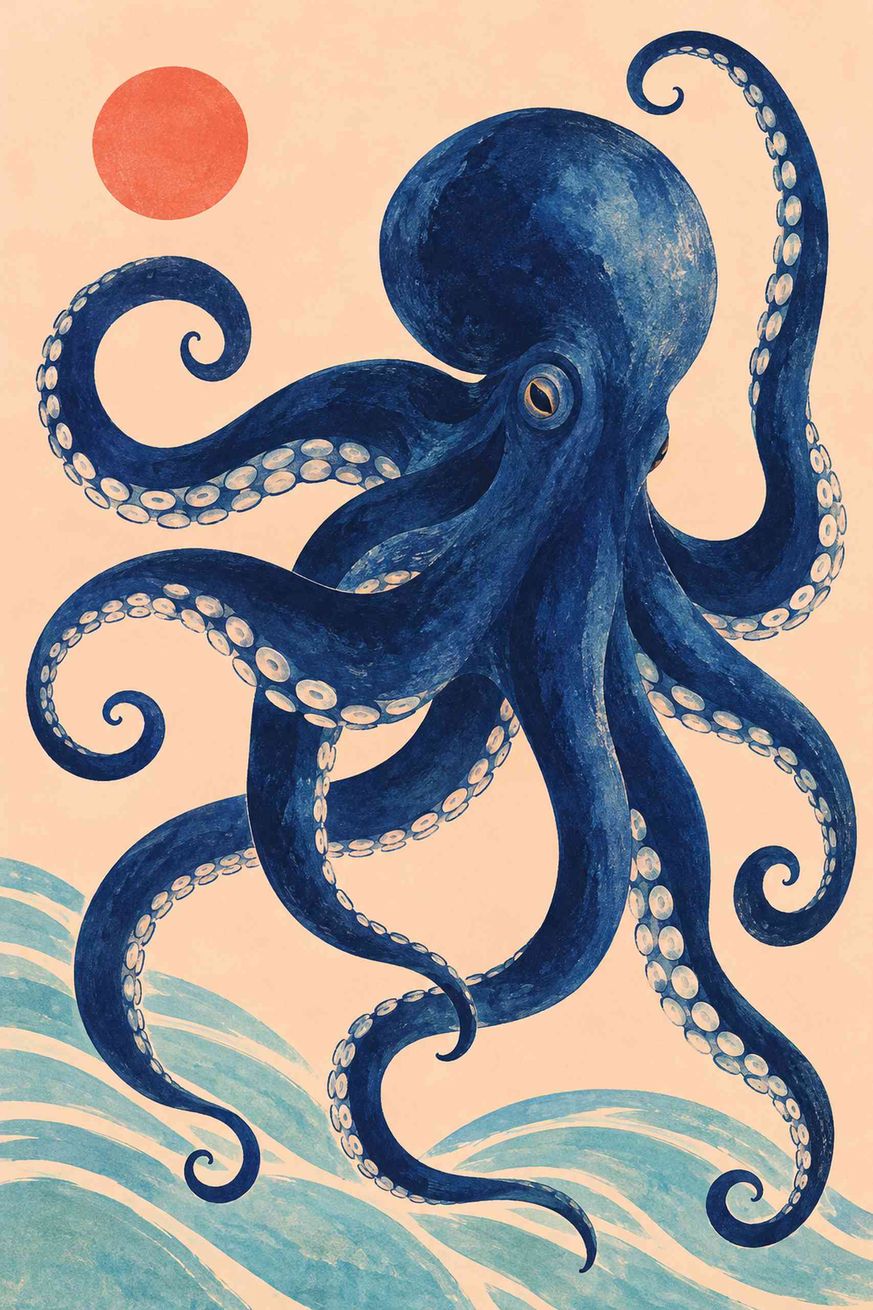 Stylized indigo octopus with curling arms and pale suction-cup marks on peach, with coral circle and turquoise arcs.