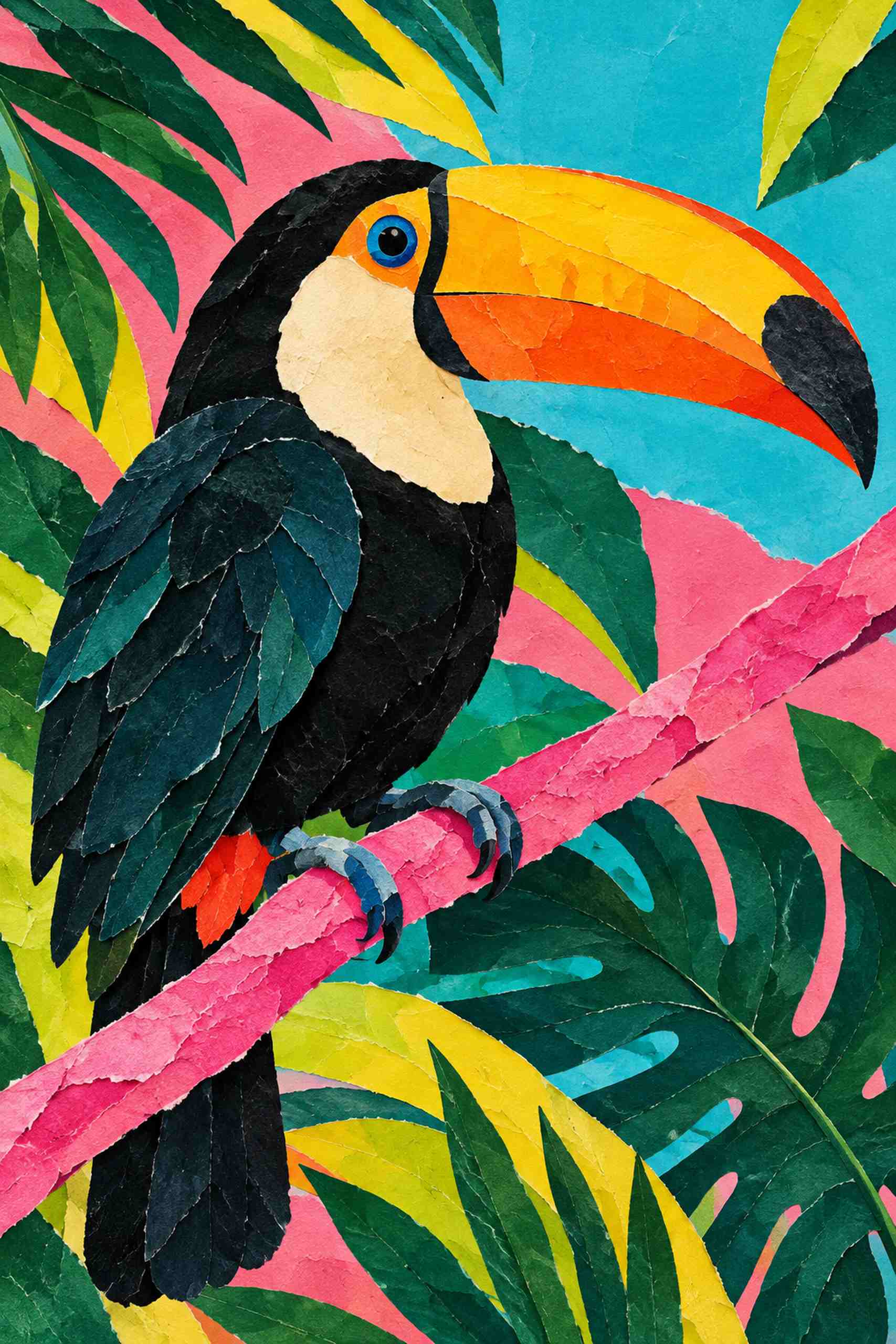 Layered paper collage of a dark teal toucan with an orange and yellow beak on a pink branch among bright leaves.