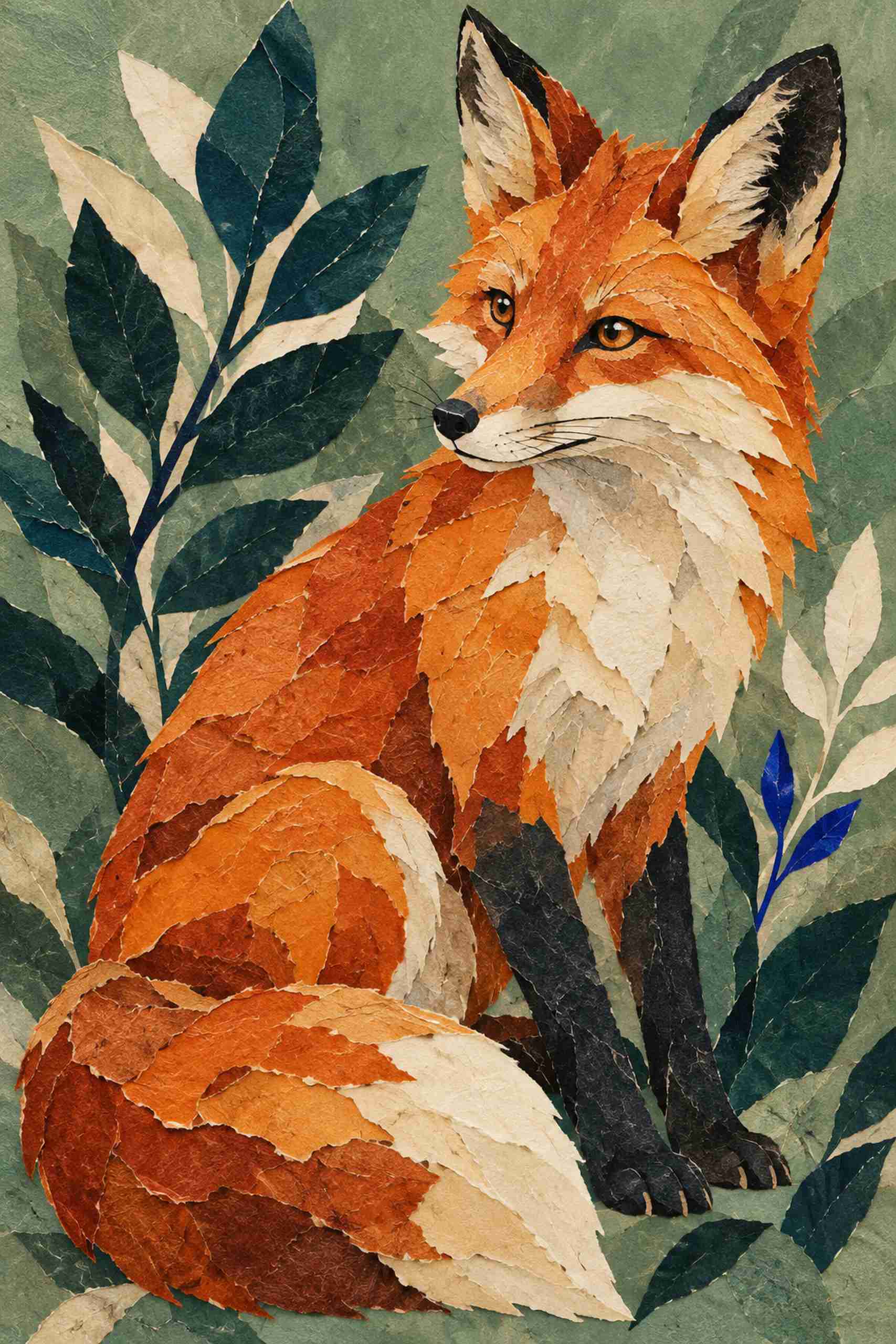 Layered orange fox collage with a pale chest, dark legs, curling tail and teal leaves on a sage ground.