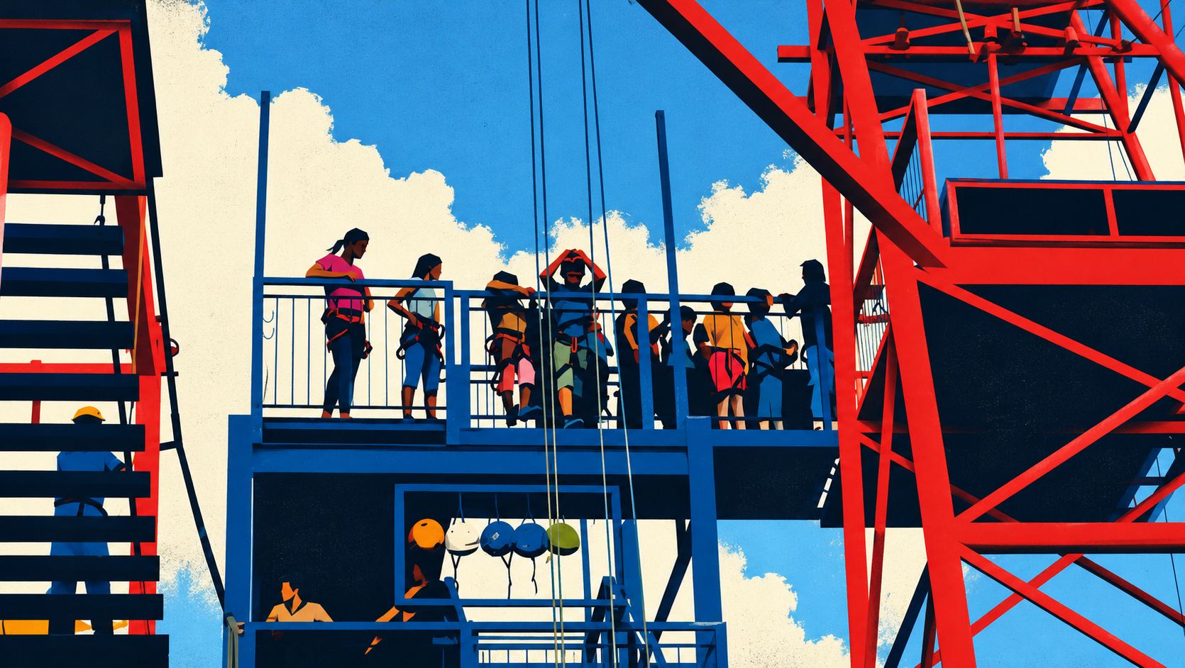 Posterized abstract artwork with vermilion steel diagonals, a cobalt platform, angular human silhouettes and hanging ropes against a blue and ivory sky.