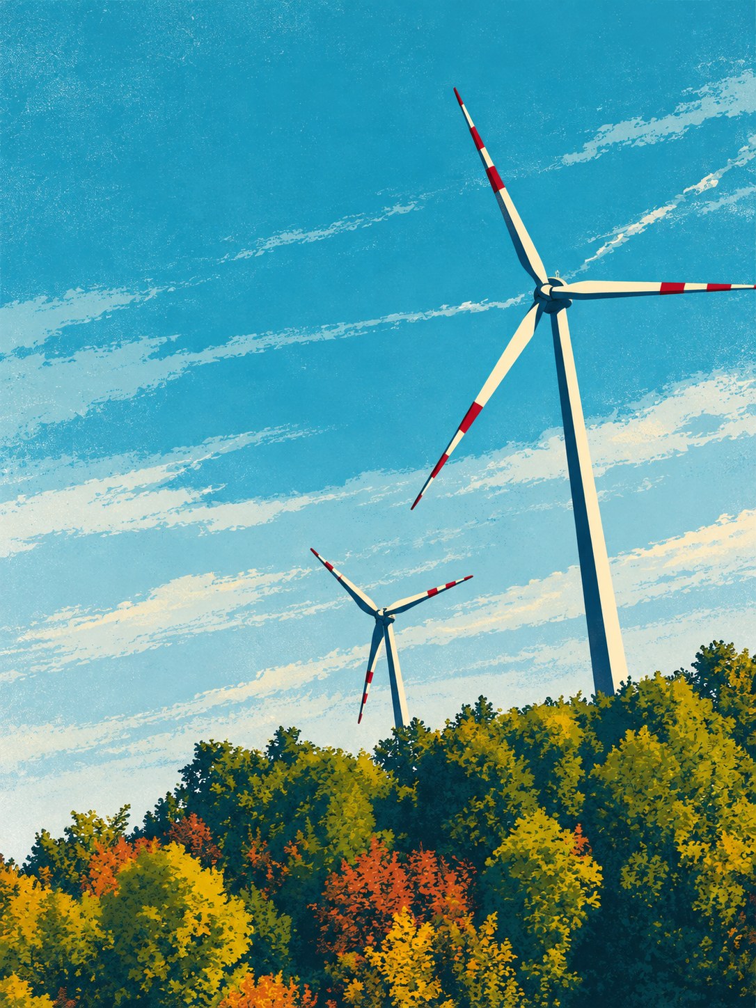 Two ivory wind turbines with red blade markings above a dense autumn forest beneath a textured turquoise sky